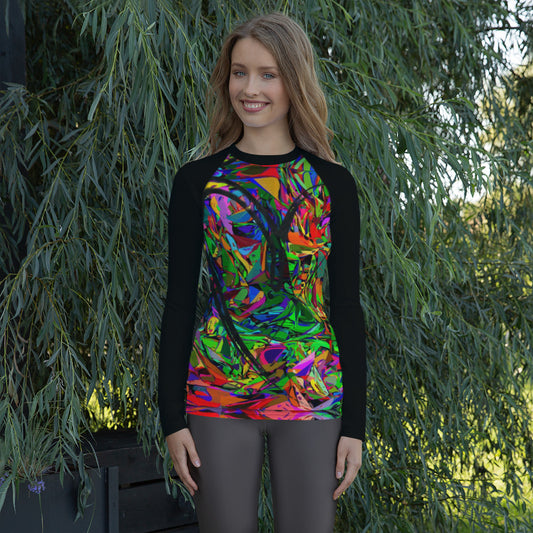 Women's abstract neon rash guard with UPF 50+ – street art UV surf shirt by Hipyfi Front