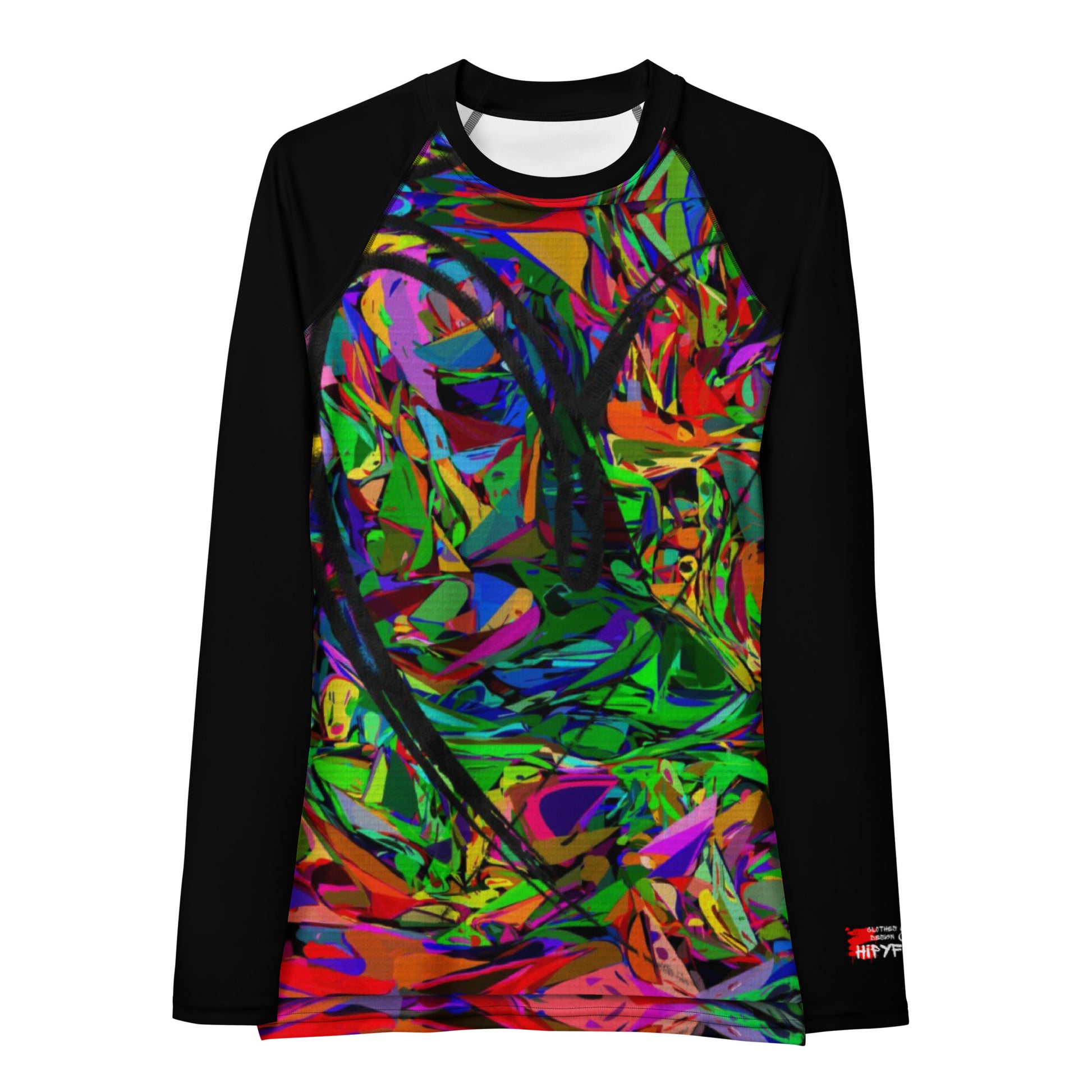 Women's abstract neon rash guard with UPF 50+ – street art UV surf shirt by Hipyfi Front-3