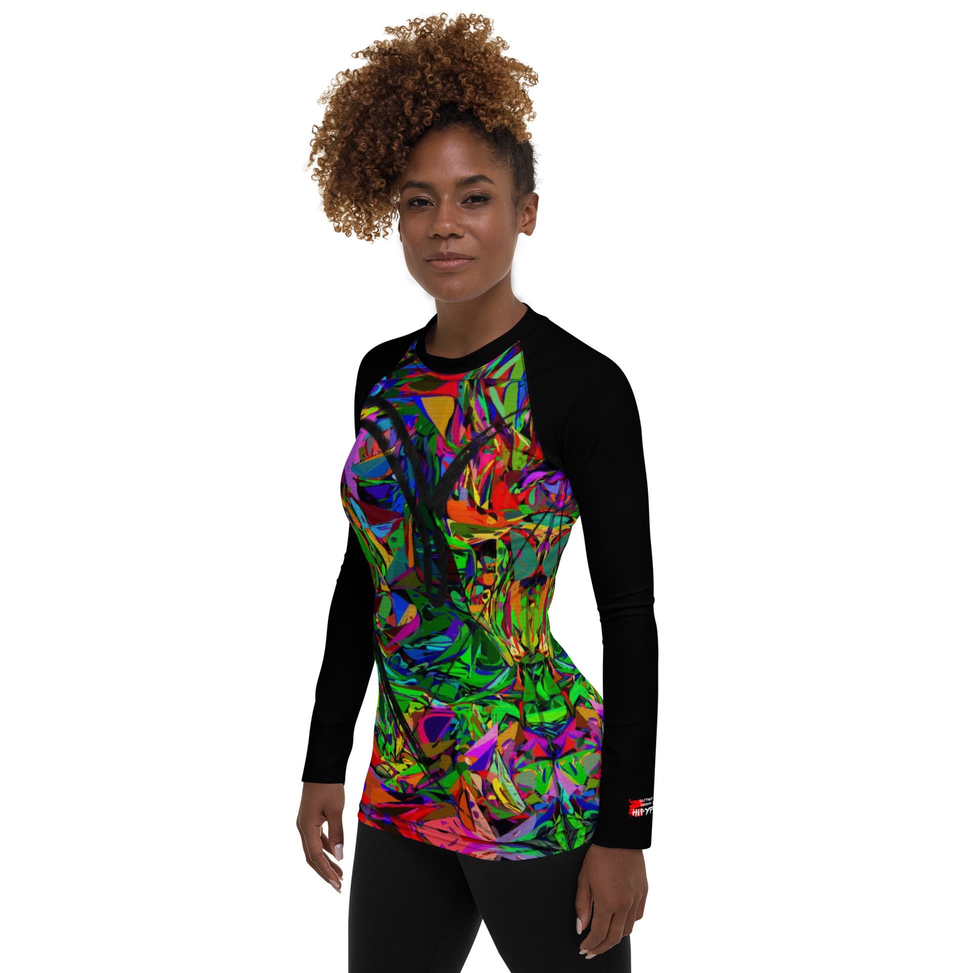 Women's abstract neon rash guard with UPF 50+ – street art UV surf shirt by Hipyfi Left-2