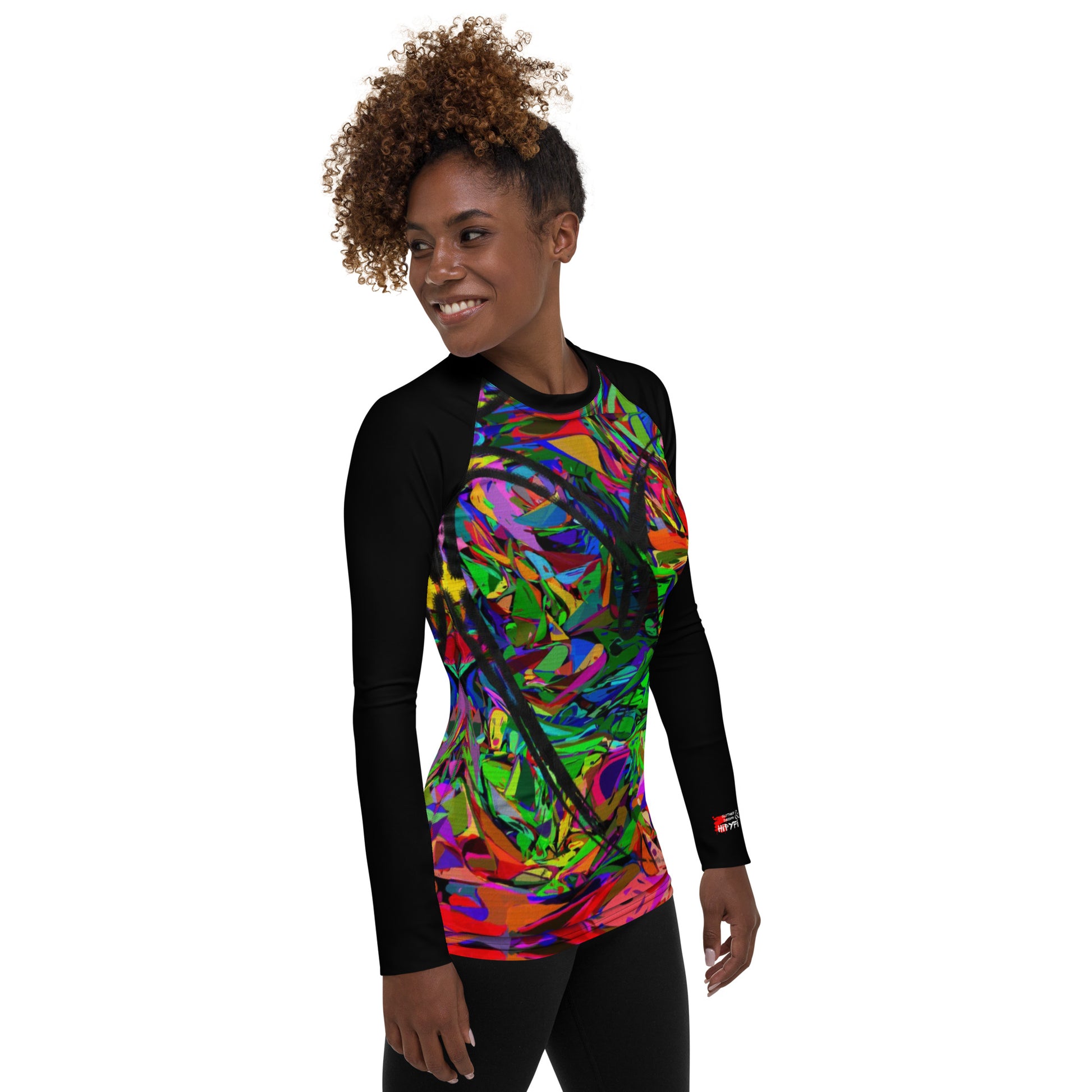 Women's abstract neon rash guard with UPF 50+ – street art UV surf shirt by Hipyfi Right-2
