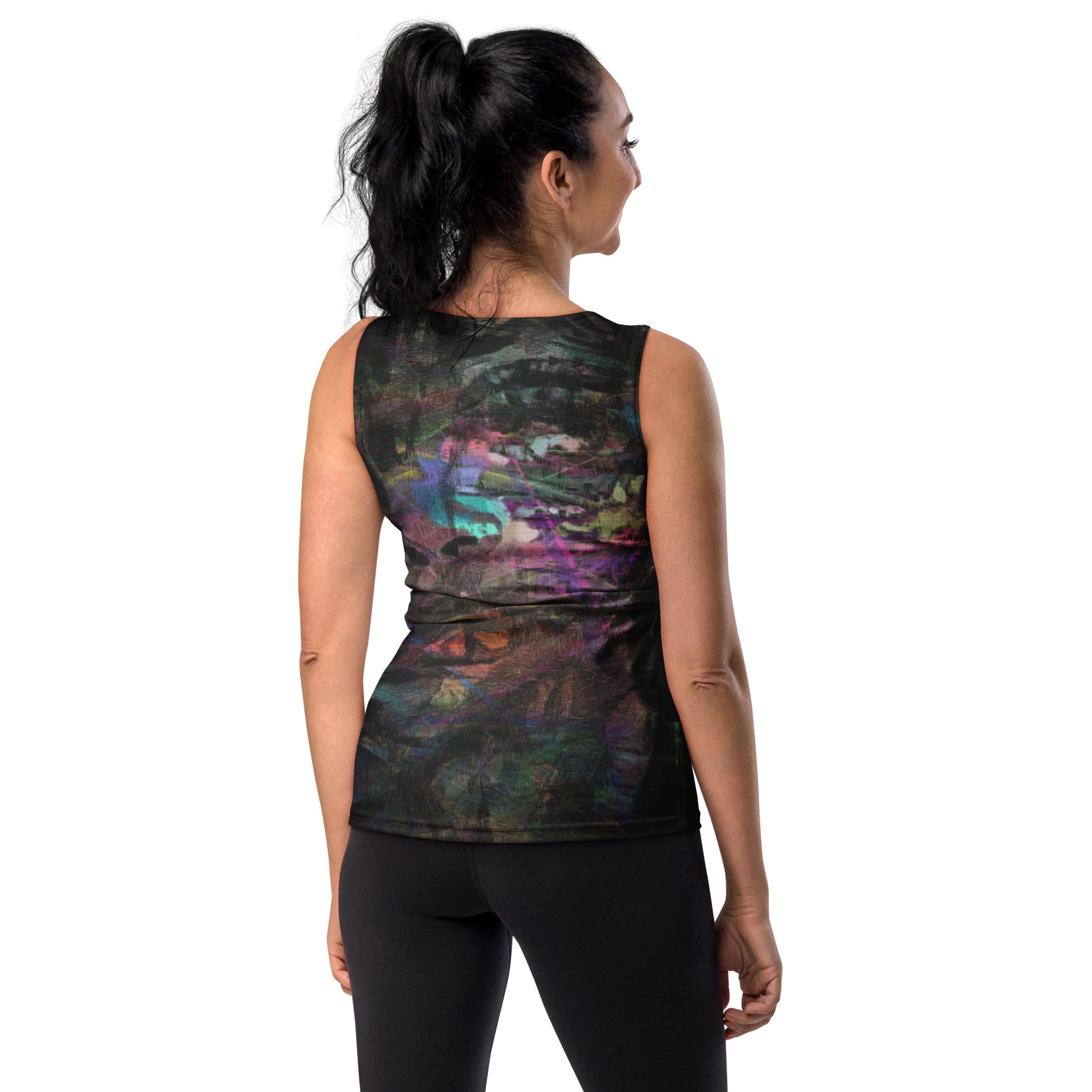 Hipyfi's Chromatic Dreams Tank Top: A vibrant, abstract-print activewear top with swirling, artistic designs in bold hues. Moisture-wicking, 4-way stretch fabric and UPF 50+ sun protection.  back