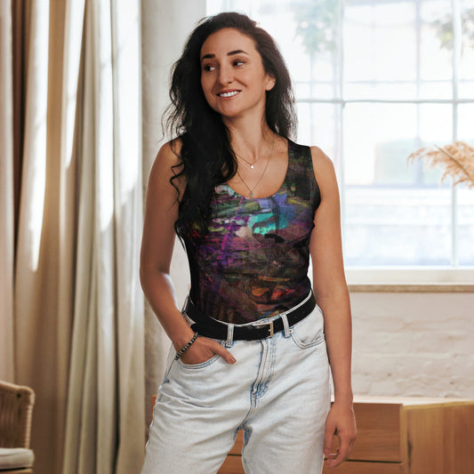 Hipyfi's Chromatic Dreams Tank Top: A vibrant, abstract-print activewear top with swirling, artistic designs in bold hues. Moisture-wicking, 4-way stretch fabric and UPF 50+ sun protection.  front