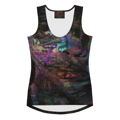Hipyfi's Chromatic Dreams Tank Top: A vibrant, abstract-print activewear top with swirling, artistic designs in bold hues. Moisture-wicking, 4-way stretch fabric and UPF 50+ sun protection.  front-2