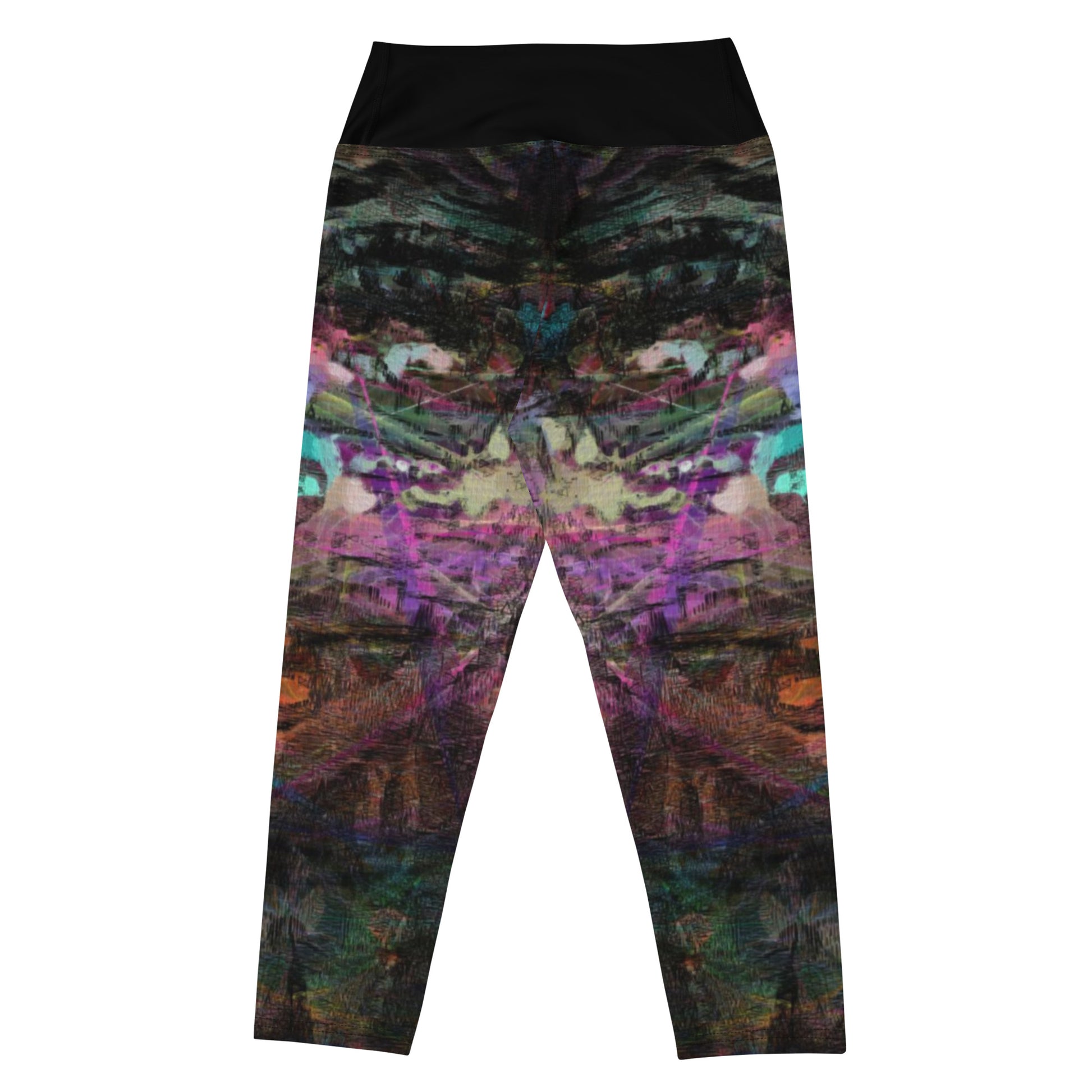 Women's abstract print yoga capri leggings with vibrant design and high-waisted fit by Hipyfi – colorful artistic activewear for fitness or casual wear. back