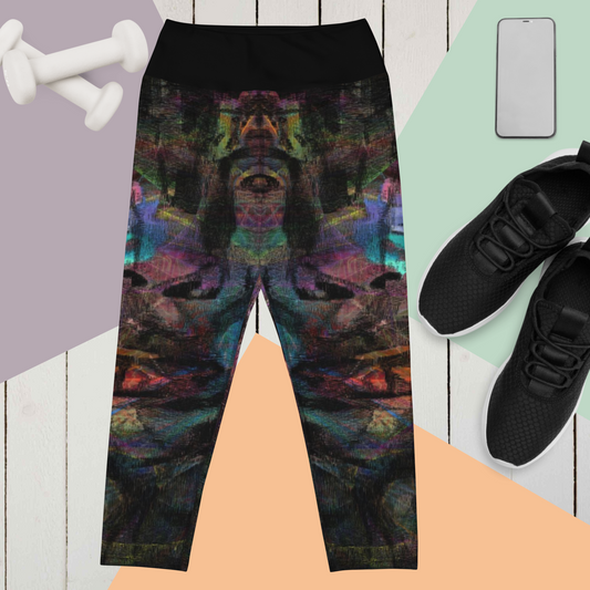 Women's abstract print yoga capri leggings with vibrant design and high-waisted fit by Hipyfi – colorful artistic activewear for fitness or casual wear. front-2