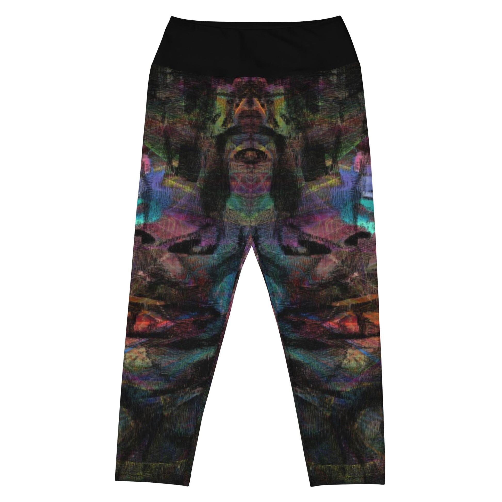Women's abstract print yoga capri leggings with vibrant design and high-waisted fit by Hipyfi – colorful artistic activewear for fitness or casual wear. front