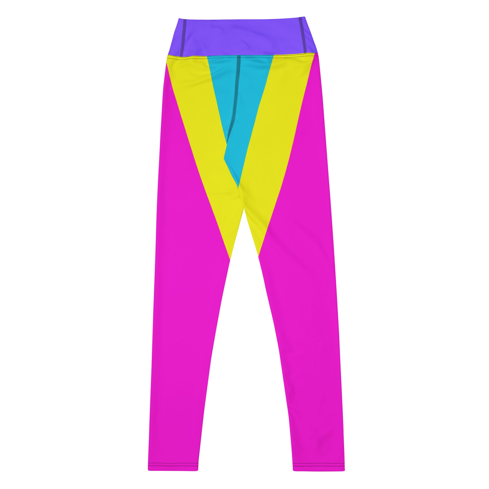 Women's geometric yoga leggings with vibrant magenta, yellow, and cyan pattern – high-waisted activewear by Hipyfi Clothes & Design. Back-2