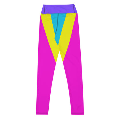 Women's geometric yoga leggings with vibrant magenta, yellow, and cyan pattern – high-waisted activewear by Hipyfi Clothes & Design. Back-2
