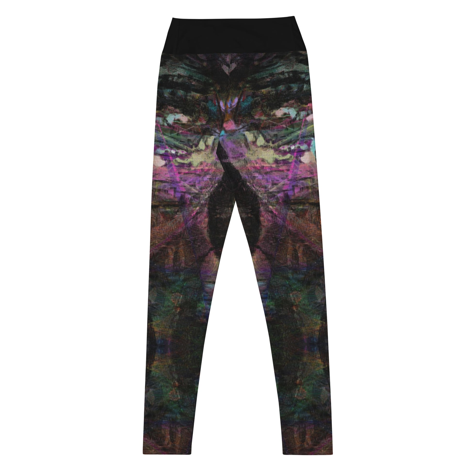 Close-up of women's Chromatic Dreams Yoga Leggings with bold abstract Art Print. Features four-way stretch fabric and a sculpted waistband, ethically crafted by Hipyfi. back-2