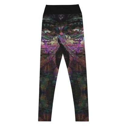 Close-up of women's Chromatic Dreams Yoga Leggings with bold abstract Art Print. Features four-way stretch fabric and a sculpted waistband, ethically crafted by Hipyfi. back-2