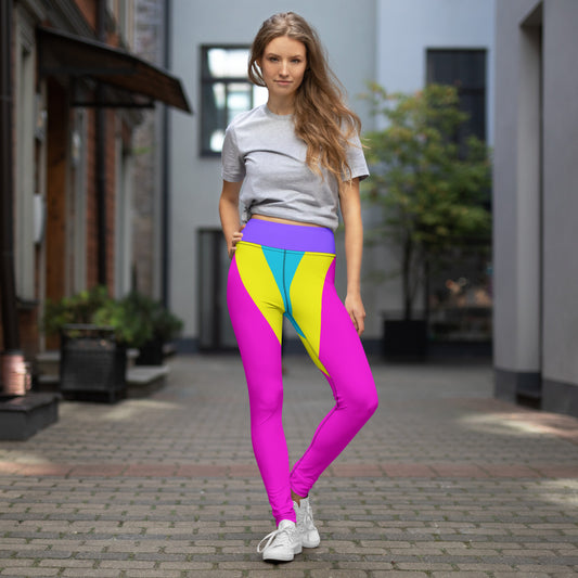 Women's geometric yoga leggings with vibrant magenta, yellow, and cyan pattern – high-waisted activewear by Hipyfi Clothes & Design. Front