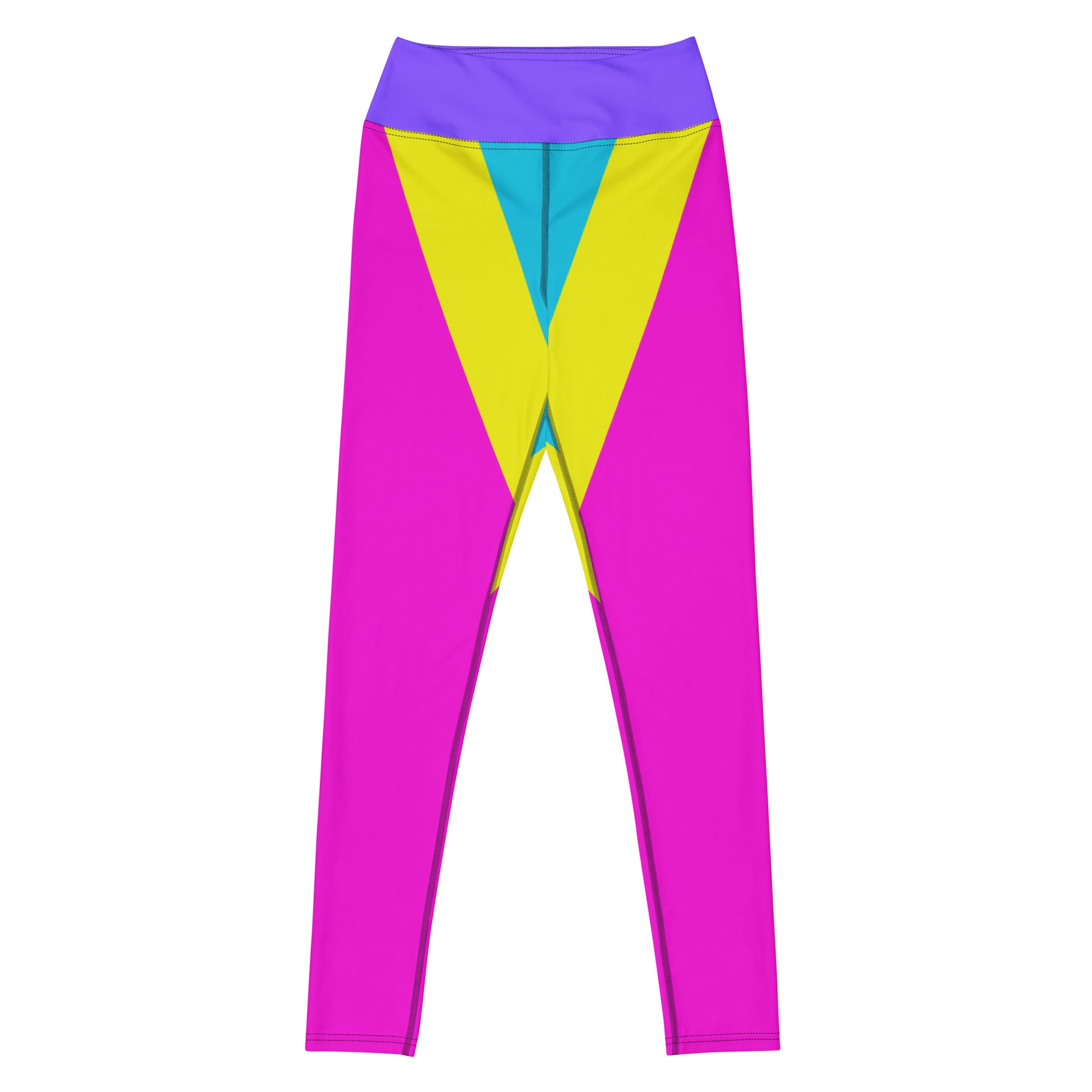 Women's geometric yoga leggings with vibrant magenta, yellow, and cyan pattern – high-waisted activewear by Hipyfi Clothes & Design. Front-2