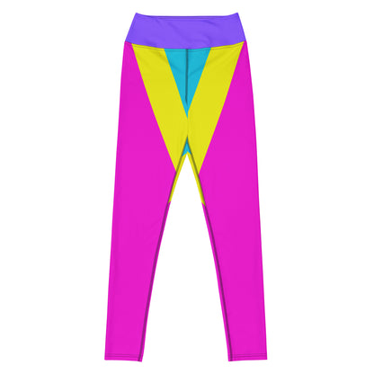 Women's geometric yoga leggings with vibrant magenta, yellow, and cyan pattern – high-waisted activewear by Hipyfi Clothes & Design. Front-2