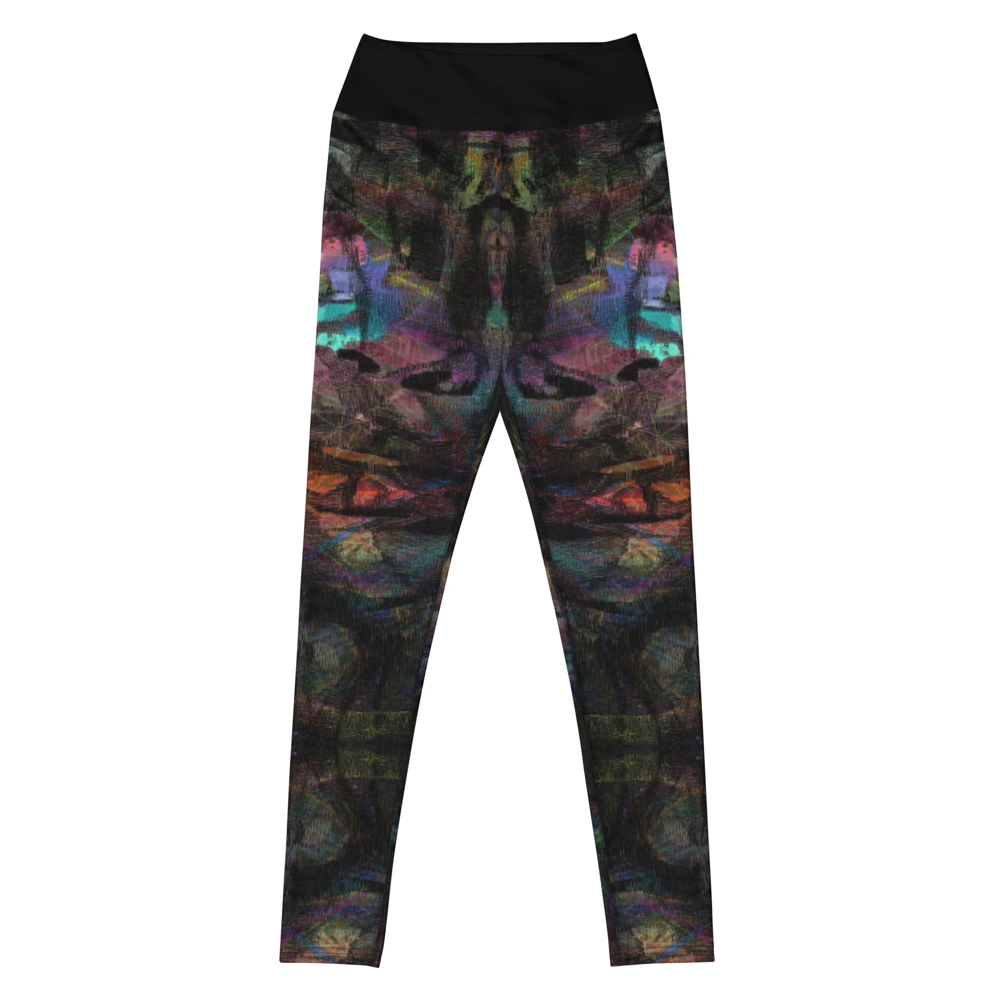 Close-up of women's Chromatic Dreams Yoga Leggings with bold abstract Art Print. Features four-way stretch fabric and a sculpted waistband, ethically crafted by Hipyfi. front-2