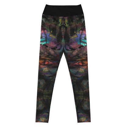 Close-up of women's Chromatic Dreams Yoga Leggings with bold abstract Art Print. Features four-way stretch fabric and a sculpted waistband, ethically crafted by Hipyfi. front-2