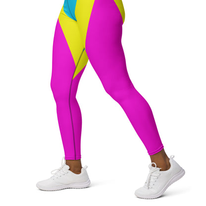 Women's geometric yoga leggings with vibrant magenta, yellow, and cyan pattern – high-waisted activewear by Hipyfi Clothes & Design. Left