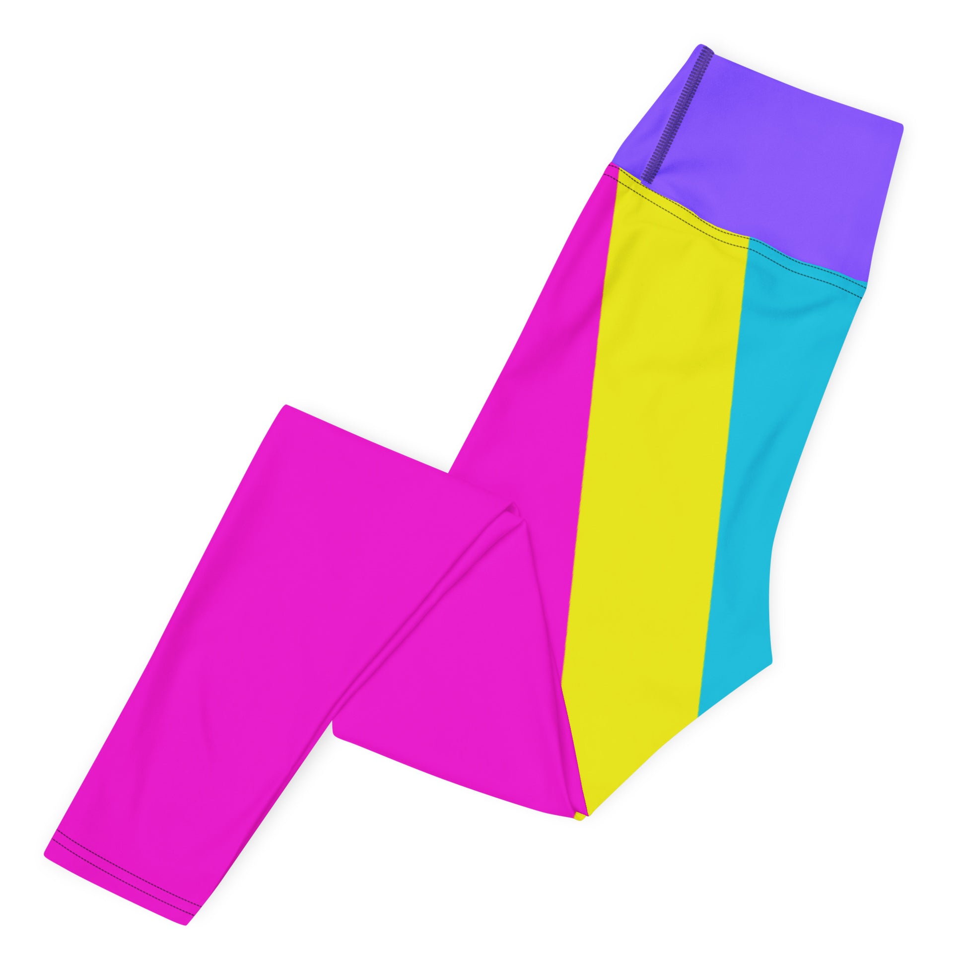 Women's geometric yoga leggings with vibrant magenta, yellow, and cyan pattern – high-waisted activewear by Hipyfi Clothes & Design. Left-2