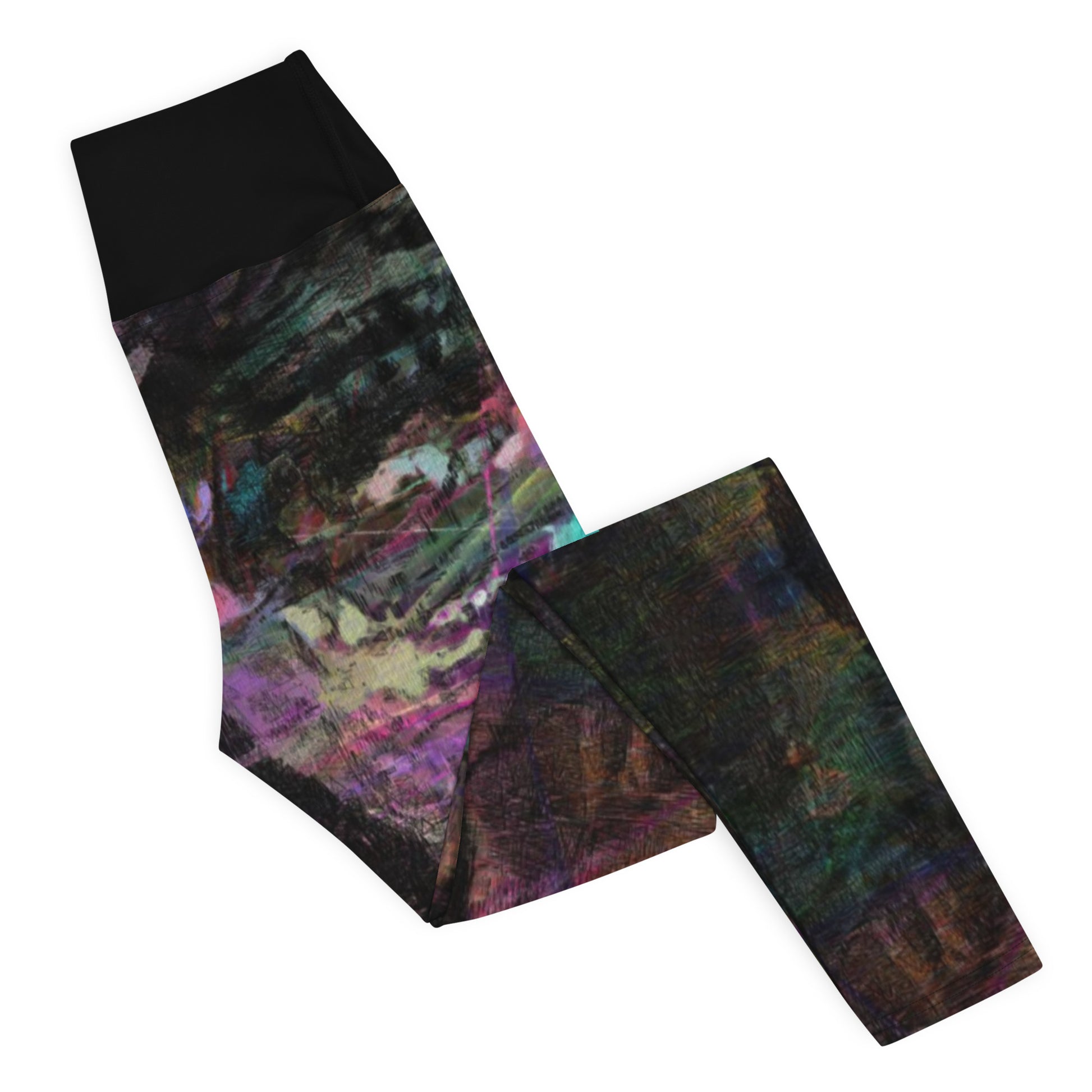 Close-up of women's Chromatic Dreams Yoga Leggings with bold abstract Art Print. Features four-way stretch fabric and a sculpted waistband, ethically crafted by Hipyfi. right-2