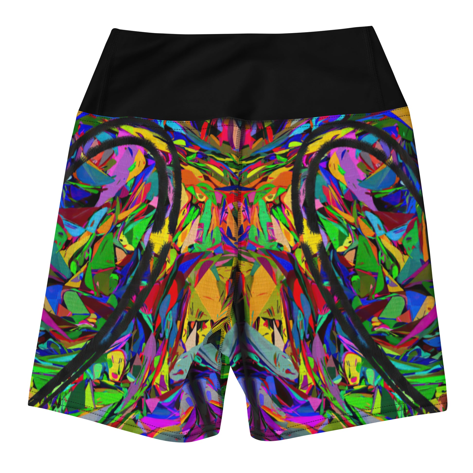 Women’s yoga shorts with vibrant abstract street art print – Neon Mythos design by Hipyfi Back-2