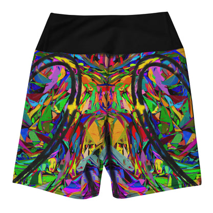 Women’s yoga shorts with vibrant abstract street art print – Neon Mythos design by Hipyfi Back-2