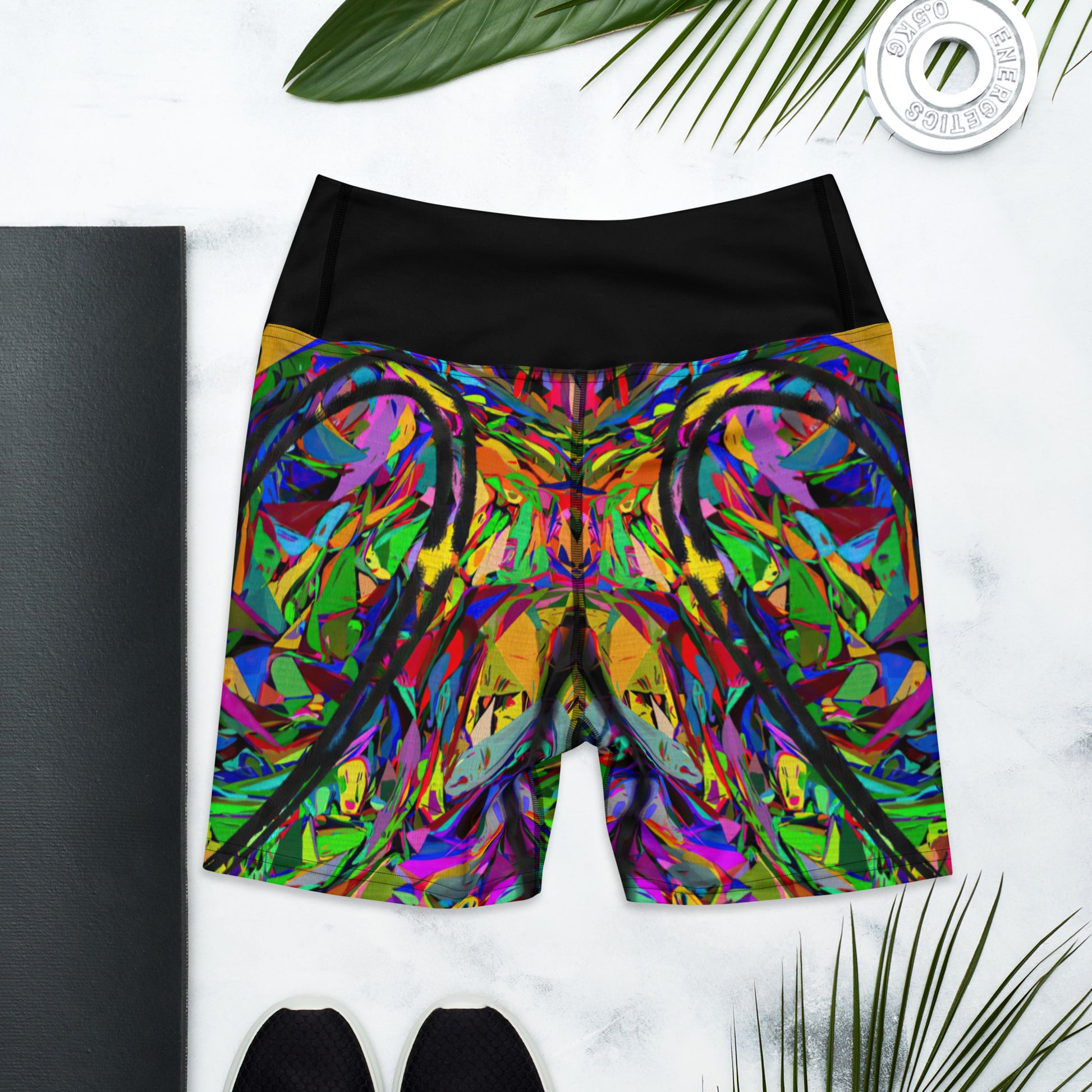 Women’s yoga shorts with vibrant abstract street art print – Neon Mythos design by Hipyfi Back