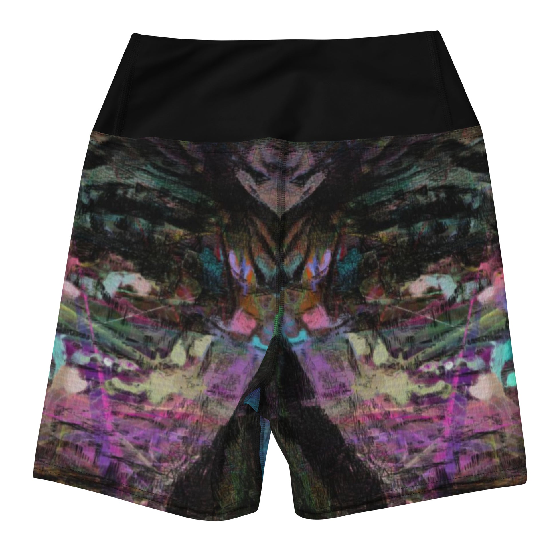 Women's abstract brushstroke yoga shorts in vibrant colors. High-waisted, stretchy fabric for workouts. back-2