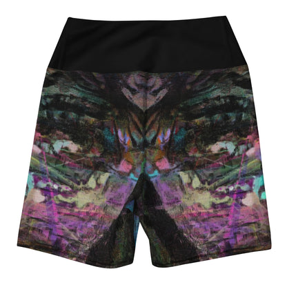 Women's abstract brushstroke yoga shorts in vibrant colors. High-waisted, stretchy fabric for workouts. back-2