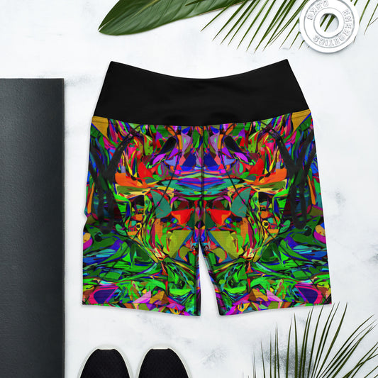 Women’s yoga shorts with vibrant abstract street art print – Neon Mythos design by Hipyfi Front