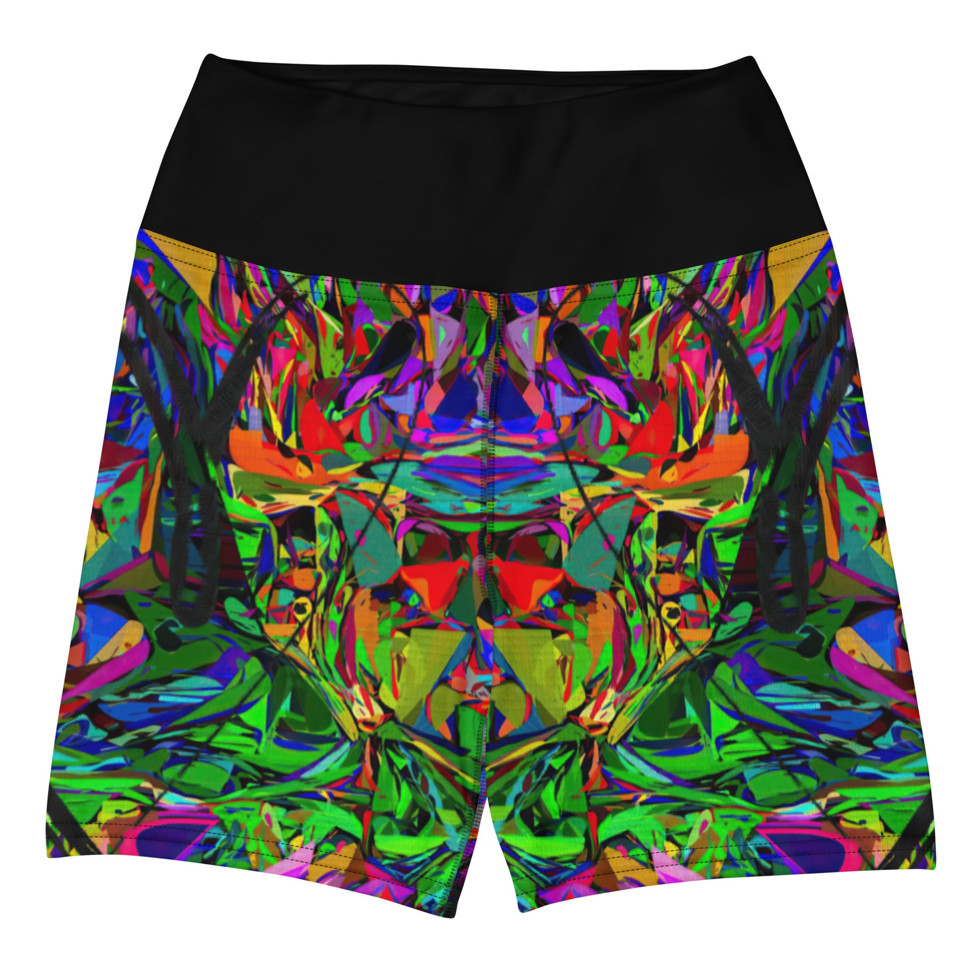 Women’s yoga shorts with vibrant abstract street art print – Neon Mythos design by Hipyfi Front-2