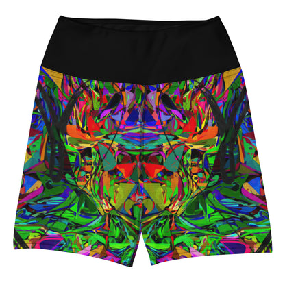 Women’s yoga shorts with vibrant abstract street art print – Neon Mythos design by Hipyfi Front-2