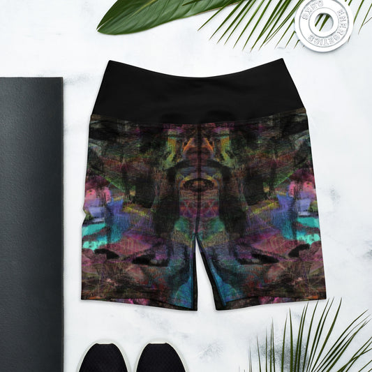 Women's abstract brushstroke yoga shorts in vibrant colors. High-waisted, stretchy fabric for workouts. front