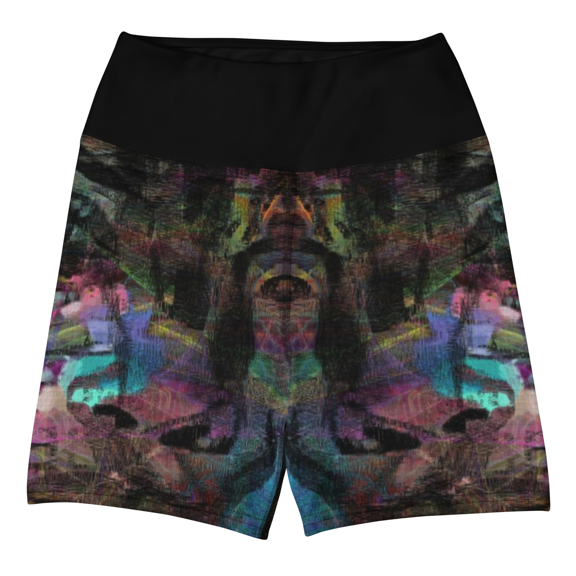 Women's abstract brushstroke yoga shorts in vibrant colors. High-waisted, stretchy fabric for workouts. front-2