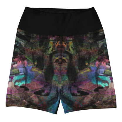 Women's abstract brushstroke yoga shorts in vibrant colors. High-waisted, stretchy fabric for workouts. front-2