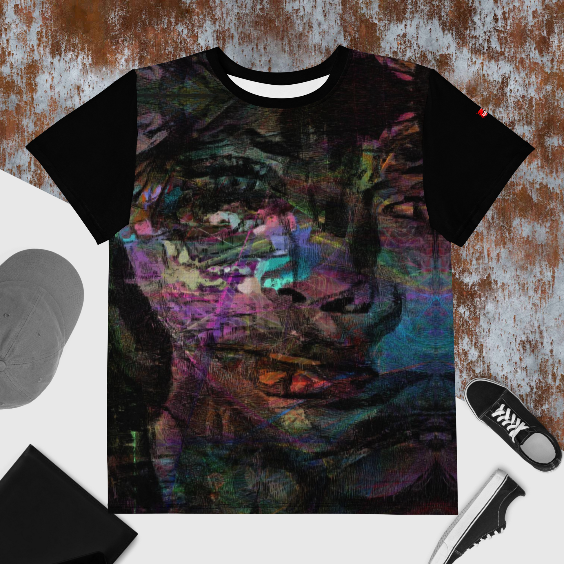 Abstract Graphic Crew Tee with vibrant colorful brushstroke design. Hipyfi unisex streetwear for teens. front