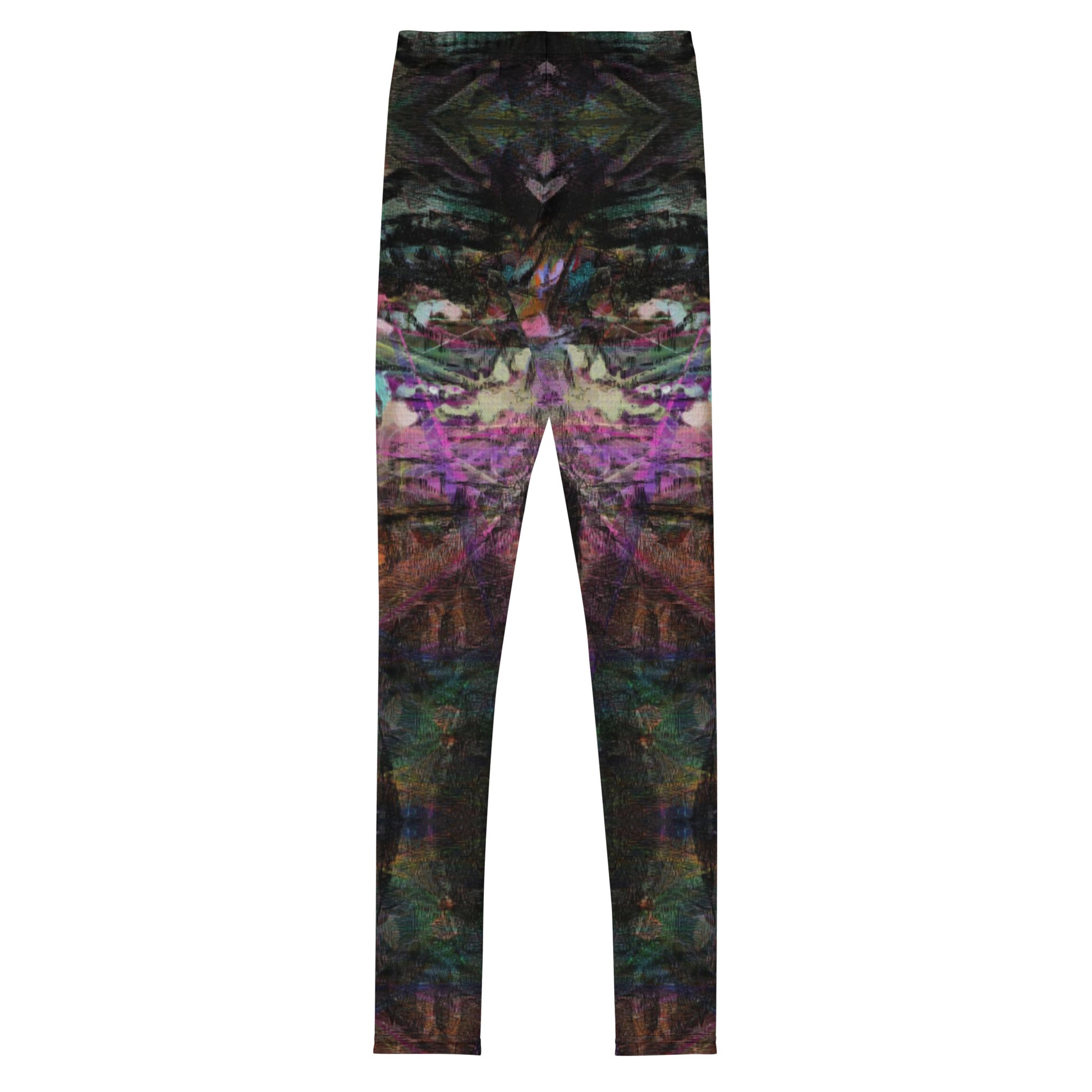 Hipyfi Chromatic Dreams Youth Leggings: Vibrant abstract print streetwear leggings with bold graffiti-inspired digital art, unisex fit for teens, ultra-soft sustainable fabric. back-3