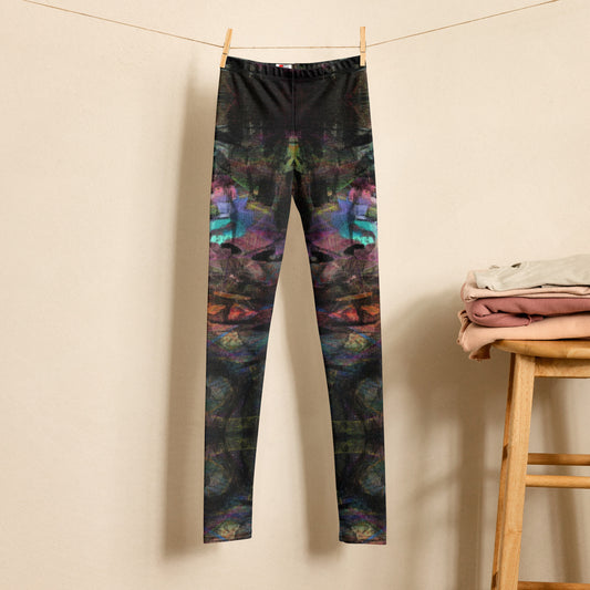 Hipyfi Chromatic Dreams Youth Leggings: Vibrant abstract print streetwear leggings with bold graffiti-inspired digital art, unisex fit for teens, ultra-soft sustainable fabric. front