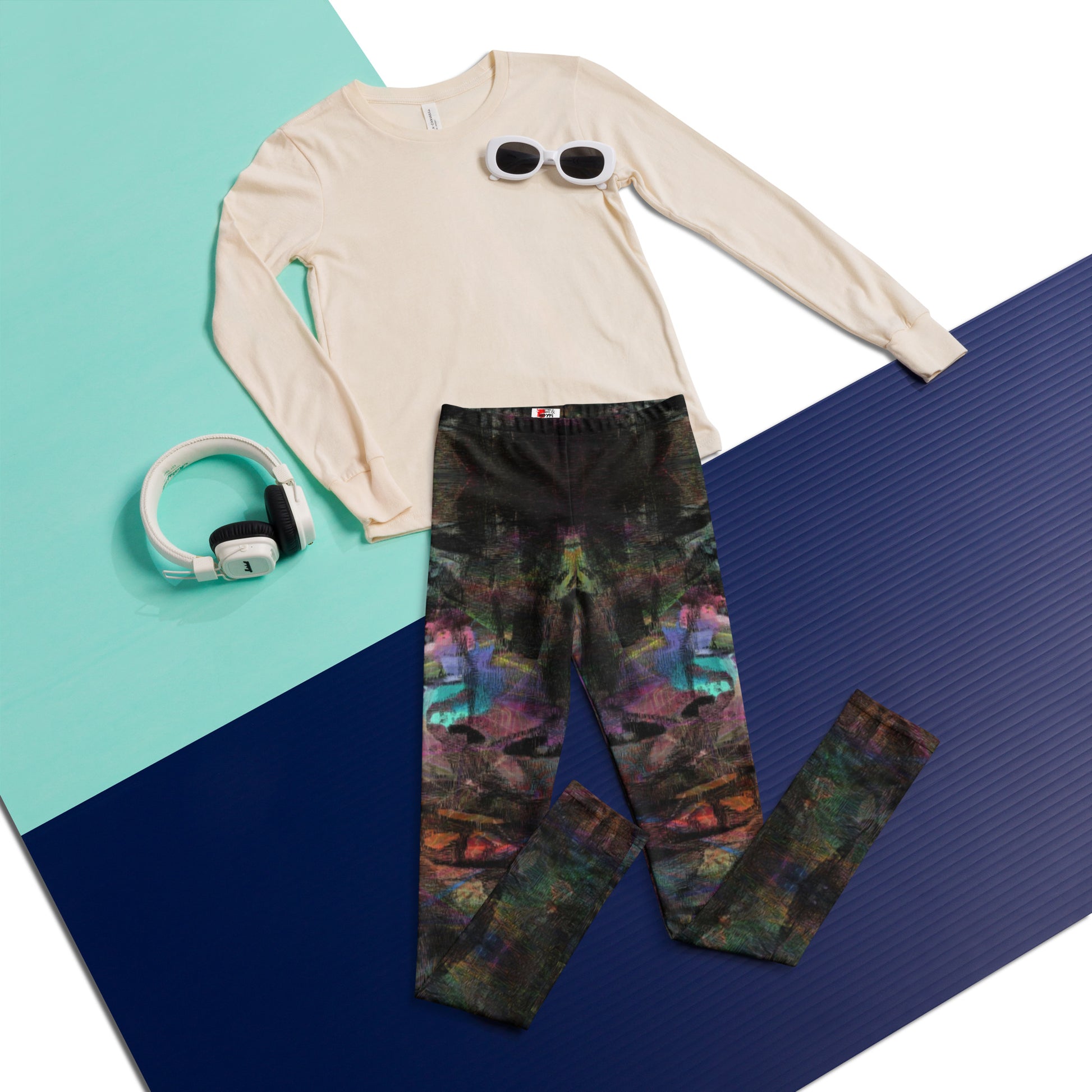 Hipyfi Chromatic Dreams Youth Leggings: Vibrant abstract print streetwear leggings with bold graffiti-inspired digital art, unisex fit for teens, ultra-soft sustainable fabric. front-2