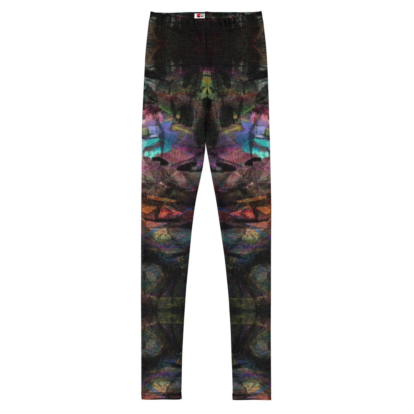 Hipyfi Chromatic Dreams Youth Leggings: Vibrant abstract print streetwear leggings with bold graffiti-inspired digital art, unisex fit for teens, ultra-soft sustainable fabric. front-3