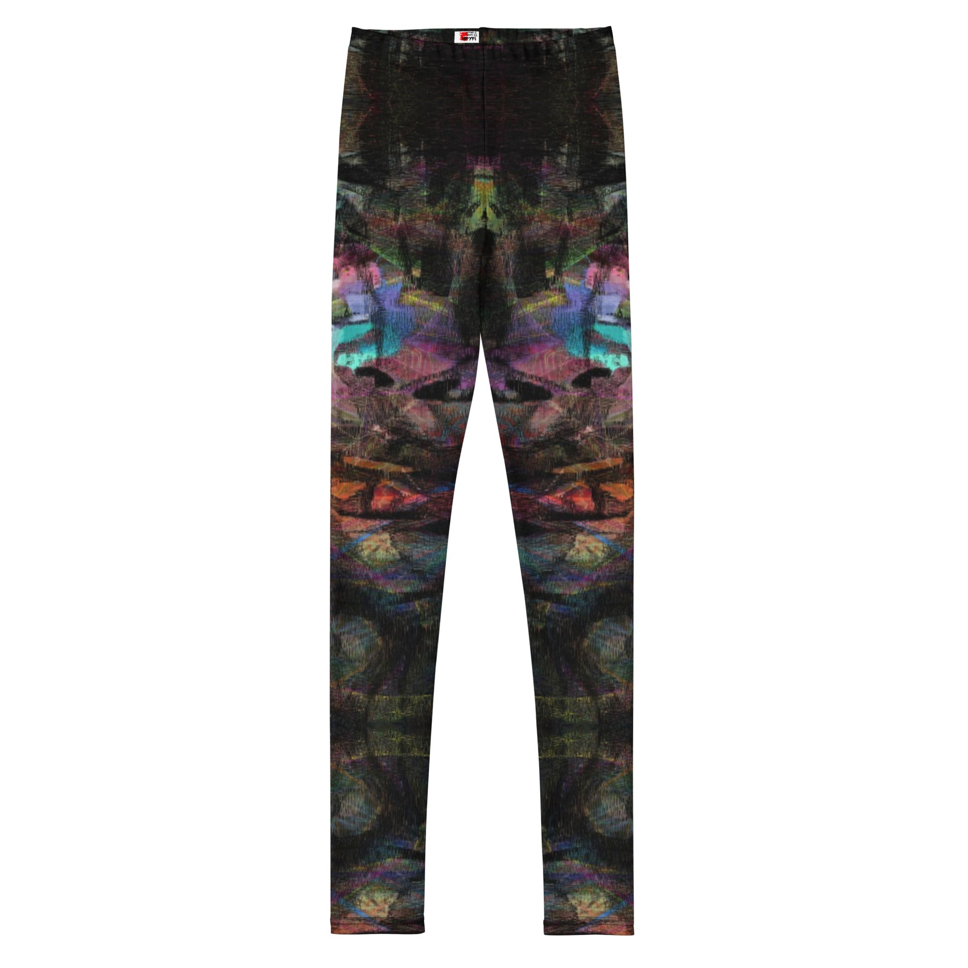 Hipyfi Chromatic Dreams Youth Leggings: Vibrant abstract print streetwear leggings with bold graffiti-inspired digital art, unisex fit for teens, ultra-soft sustainable fabric. front-3