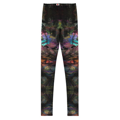 Hipyfi Chromatic Dreams Youth Leggings: Vibrant abstract print streetwear leggings with bold graffiti-inspired digital art, unisex fit for teens, ultra-soft sustainable fabric. front-3