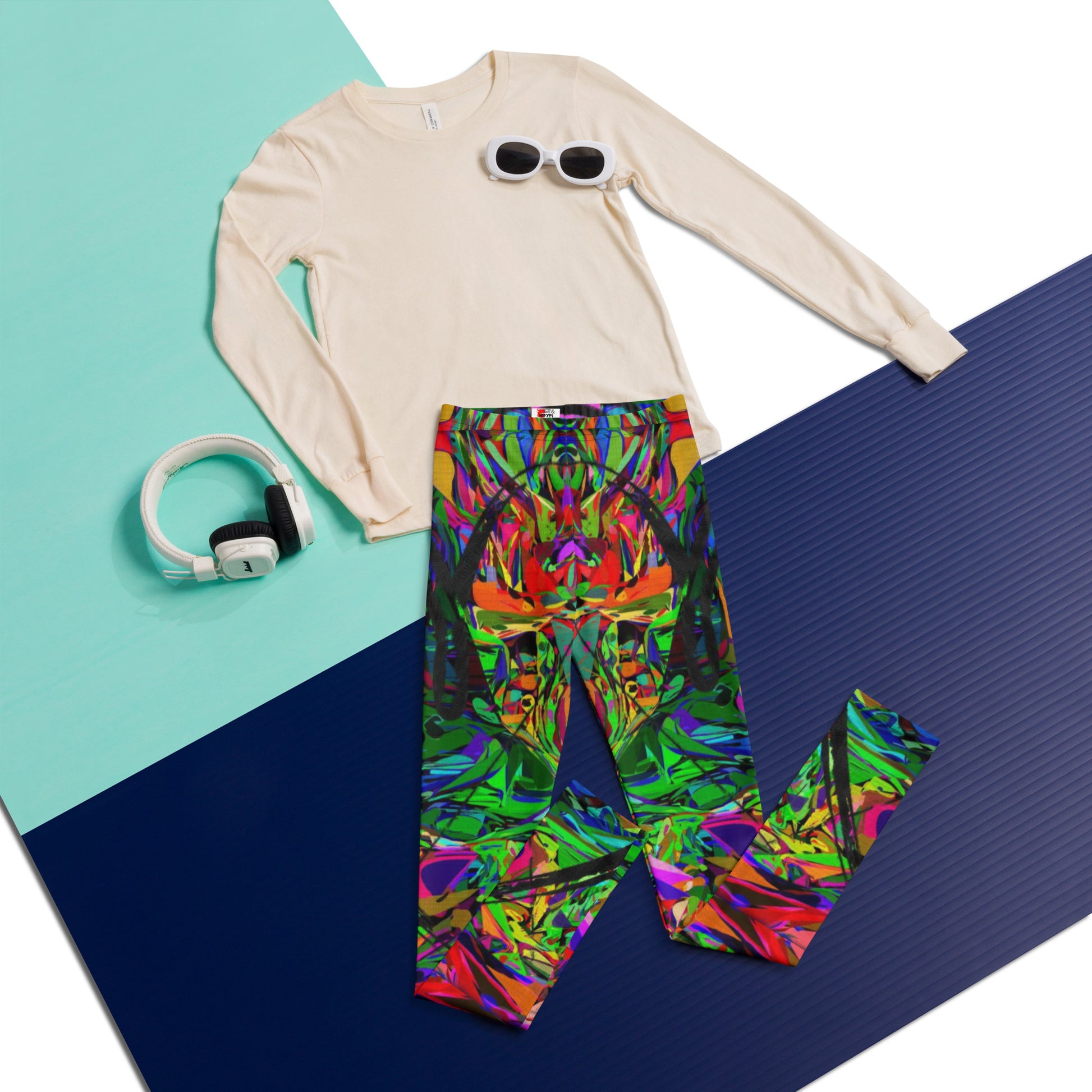 Colorful abstract youth leggings with neon street art design by Hipyfi Clothes & Design – vibrant, artistic print for kids and teens. Front-2
