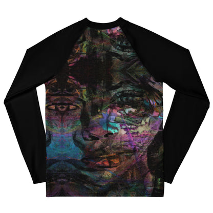 Hipyfi Chromatic Dreams Youth Rash Guard with vibrant abstract art print, UPF 50+ sun protection for surfing, sports, and active teens. back-3