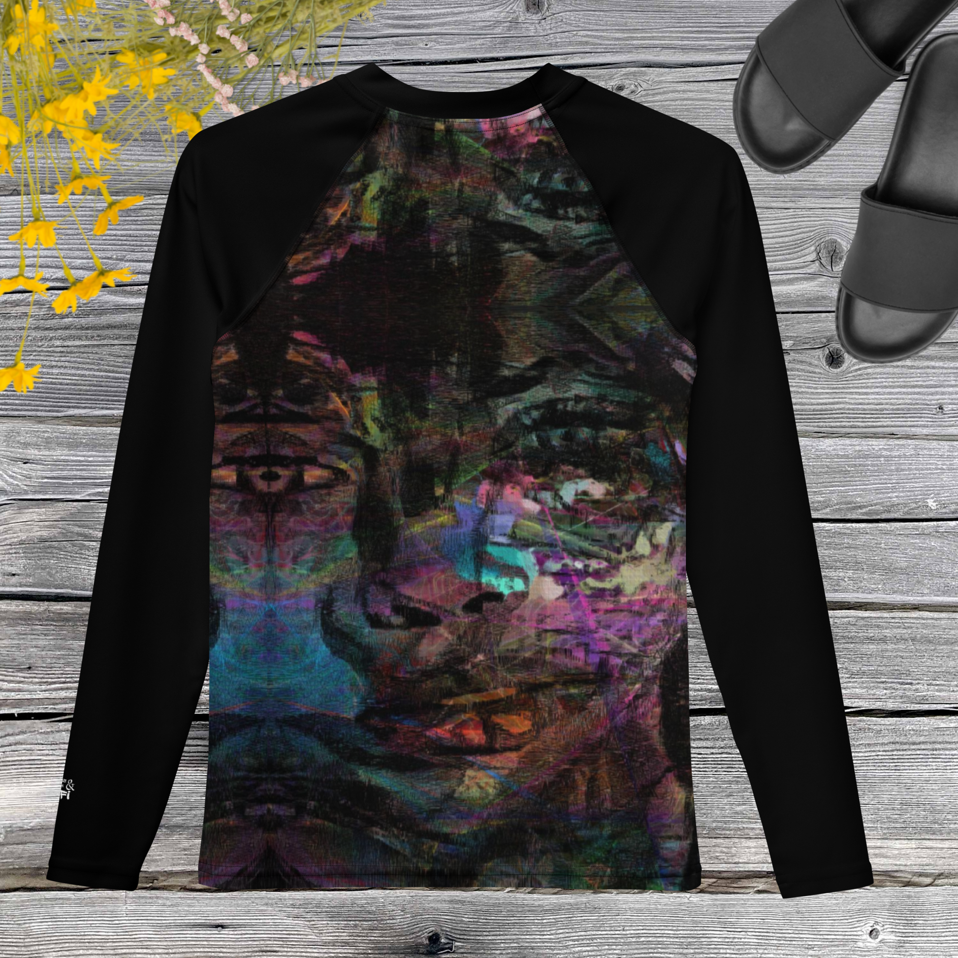 Hipyfi Chromatic Dreams Youth Rash Guard with vibrant abstract art print, UPF 50+ sun protection for surfing, sports, and active teens. back