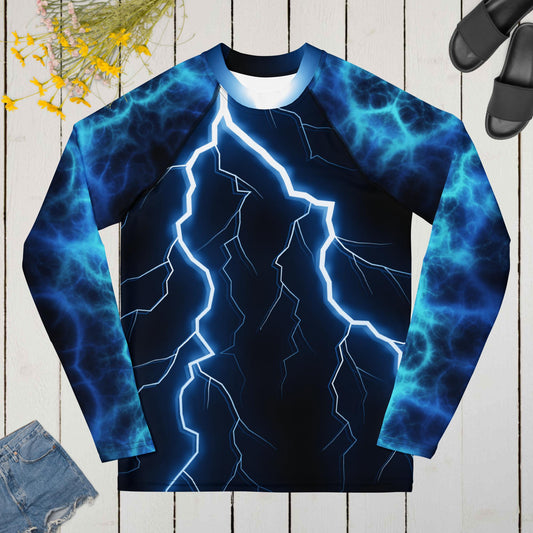 Electric Storm Youth Rash Guard with UPF 50+ UV protection in lightning bolt design by Hipyfi Clothes & Design Front