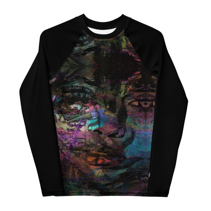 Hipyfi Chromatic Dreams Youth Rash Guard with vibrant abstract art print, UPF 50+ sun protection for surfing, sports, and active teens. front-2