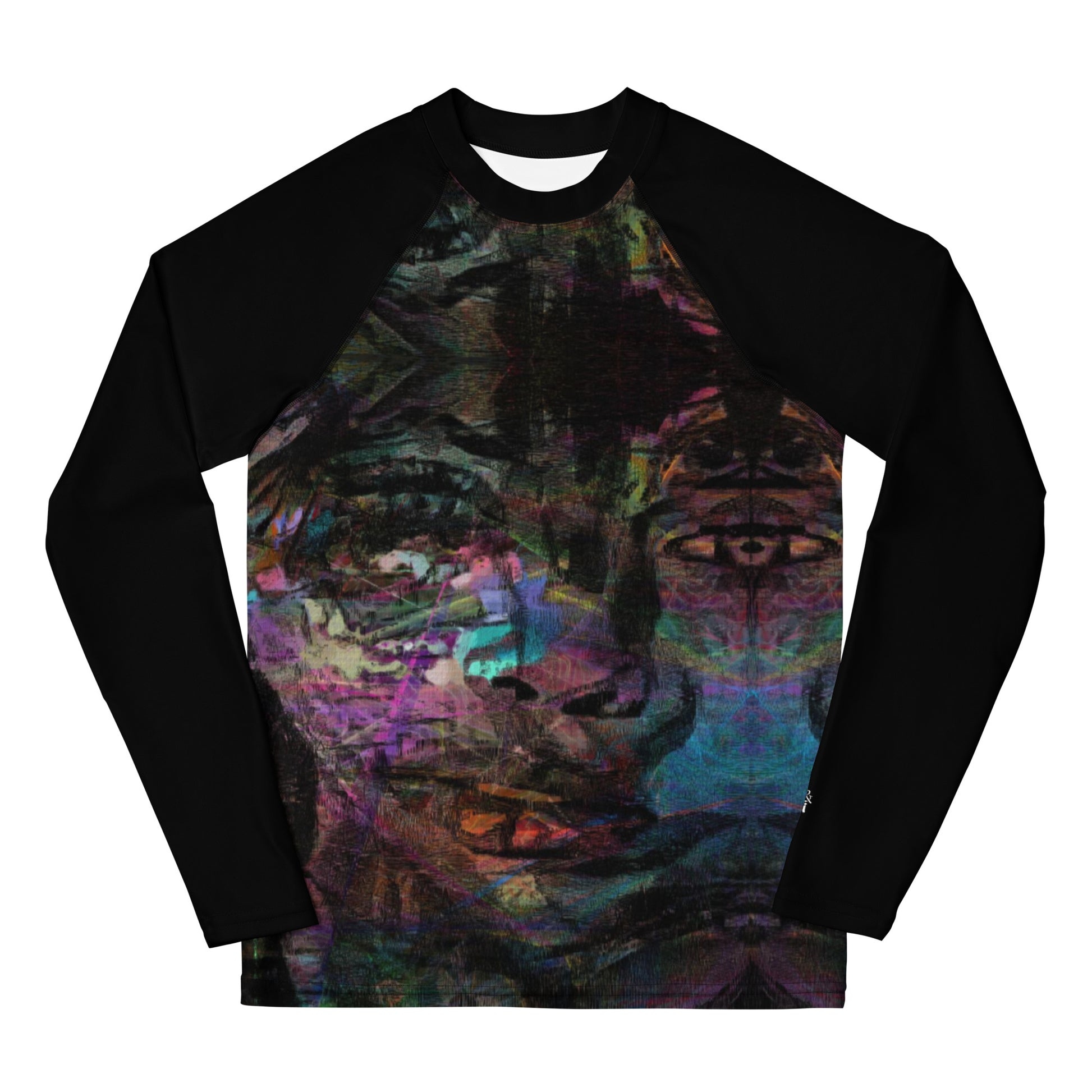 Hipyfi Chromatic Dreams Youth Rash Guard with vibrant abstract art print, UPF 50+ sun protection for surfing, sports, and active teens. front-3