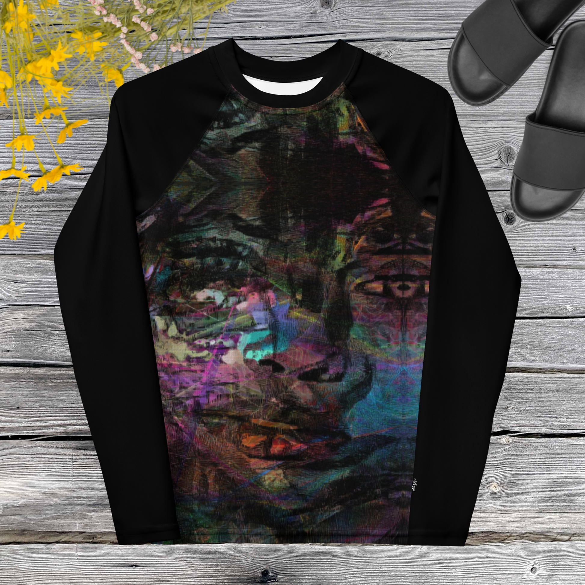 Hipyfi Chromatic Dreams Youth Rash Guard with vibrant abstract art print, UPF 50+ sun protection for surfing, sports, and active teens. front