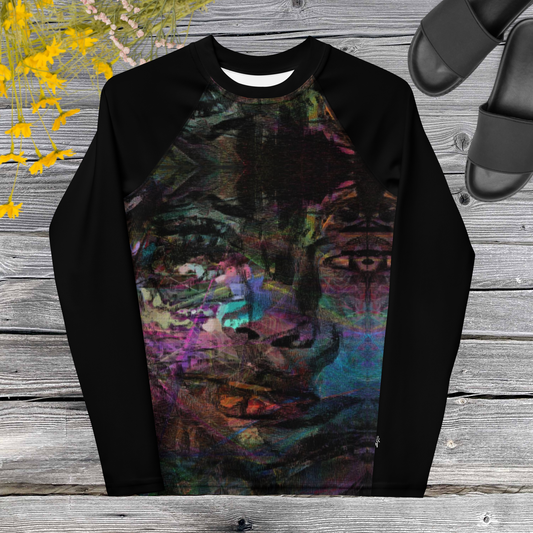 Hipyfi Chromatic Dreams Youth Rash Guard with vibrant abstract art print, UPF 50+ sun protection for surfing, sports, and active teens. front