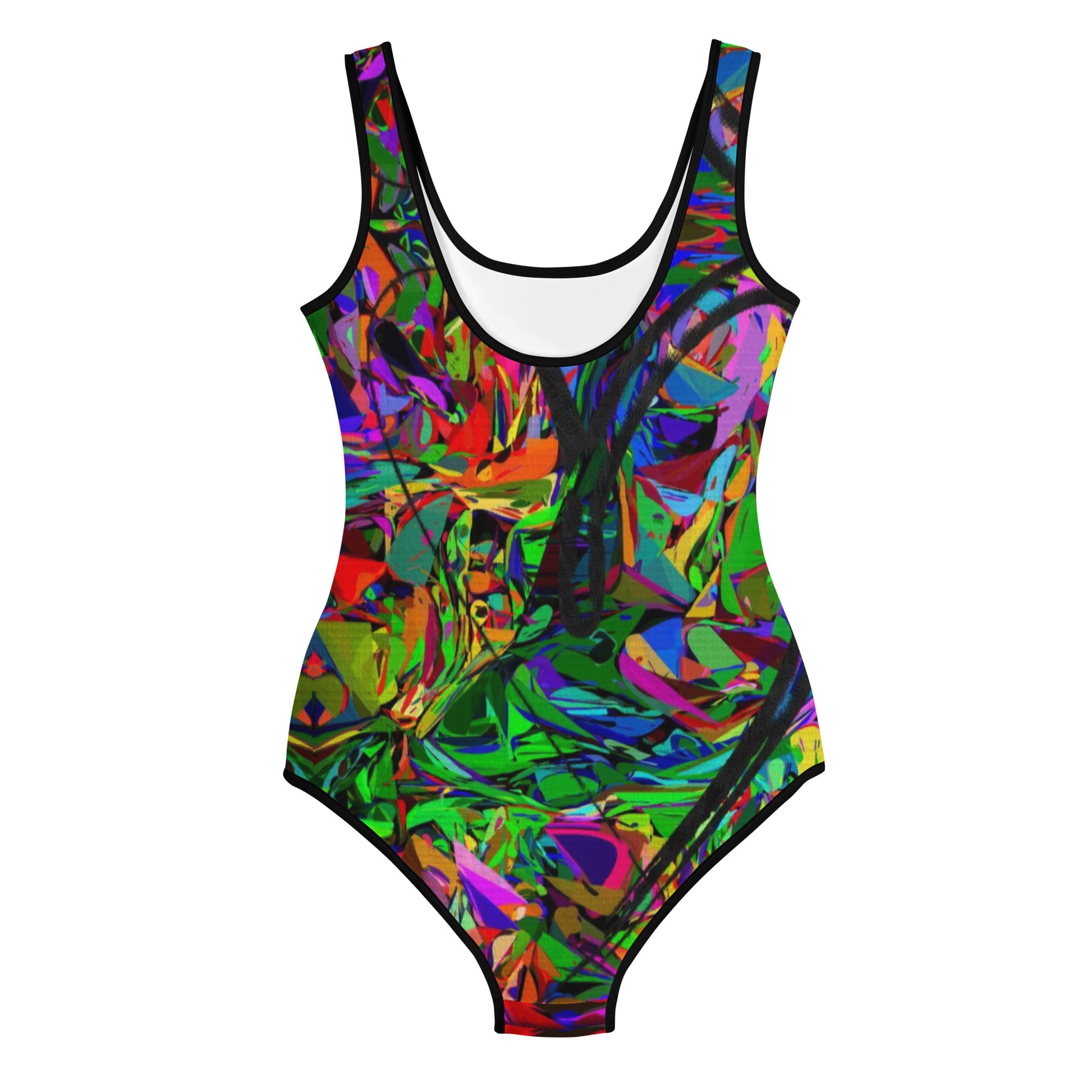 Colorful abstract youth swimsuit with bold neon print, from Hipyfi Neon Mythos collection – stylish and UPF 50+ sun protection for active kids. Back-3