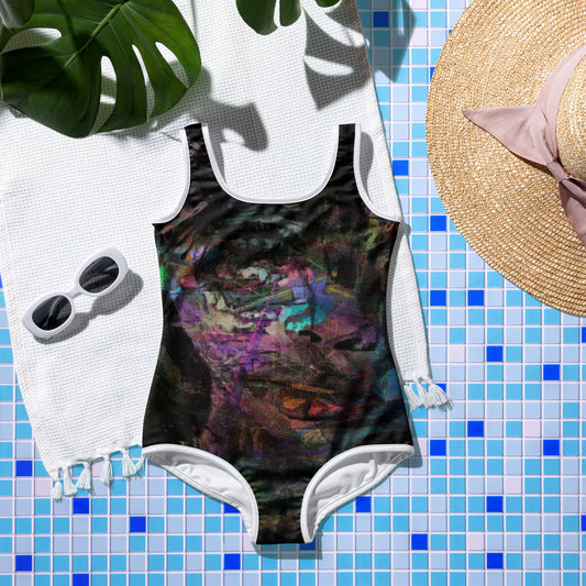 Hipyfi Chromatic Dreams Youth Swimsuit: Vibrant abstract artistic print, UPF 50+ swimwear for teens. front